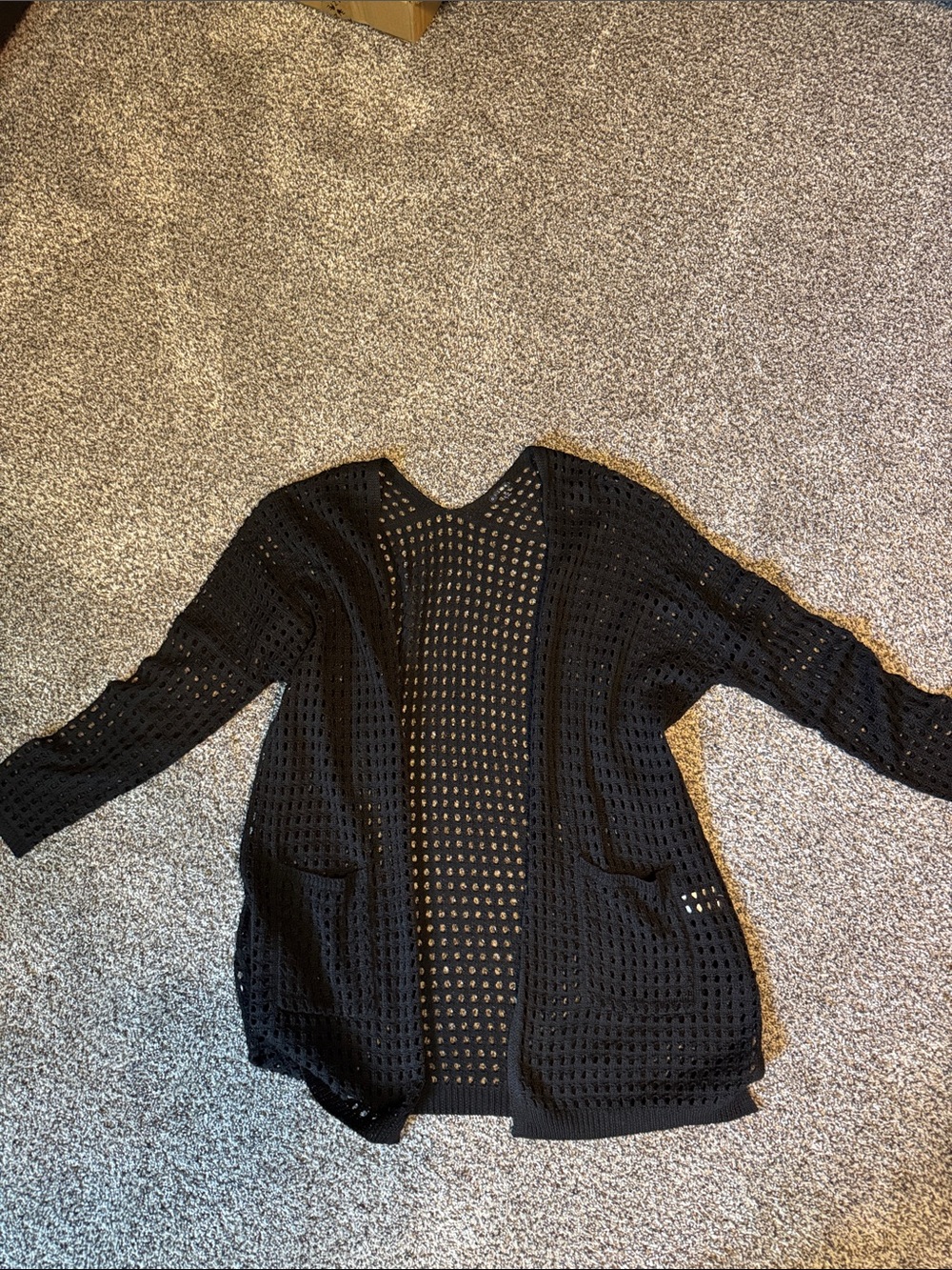 Black Open-Weave Pocket Cardigan for Women